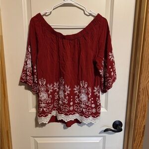 Living Doll Size XL Women's Red Embroidered off the shoulder Top